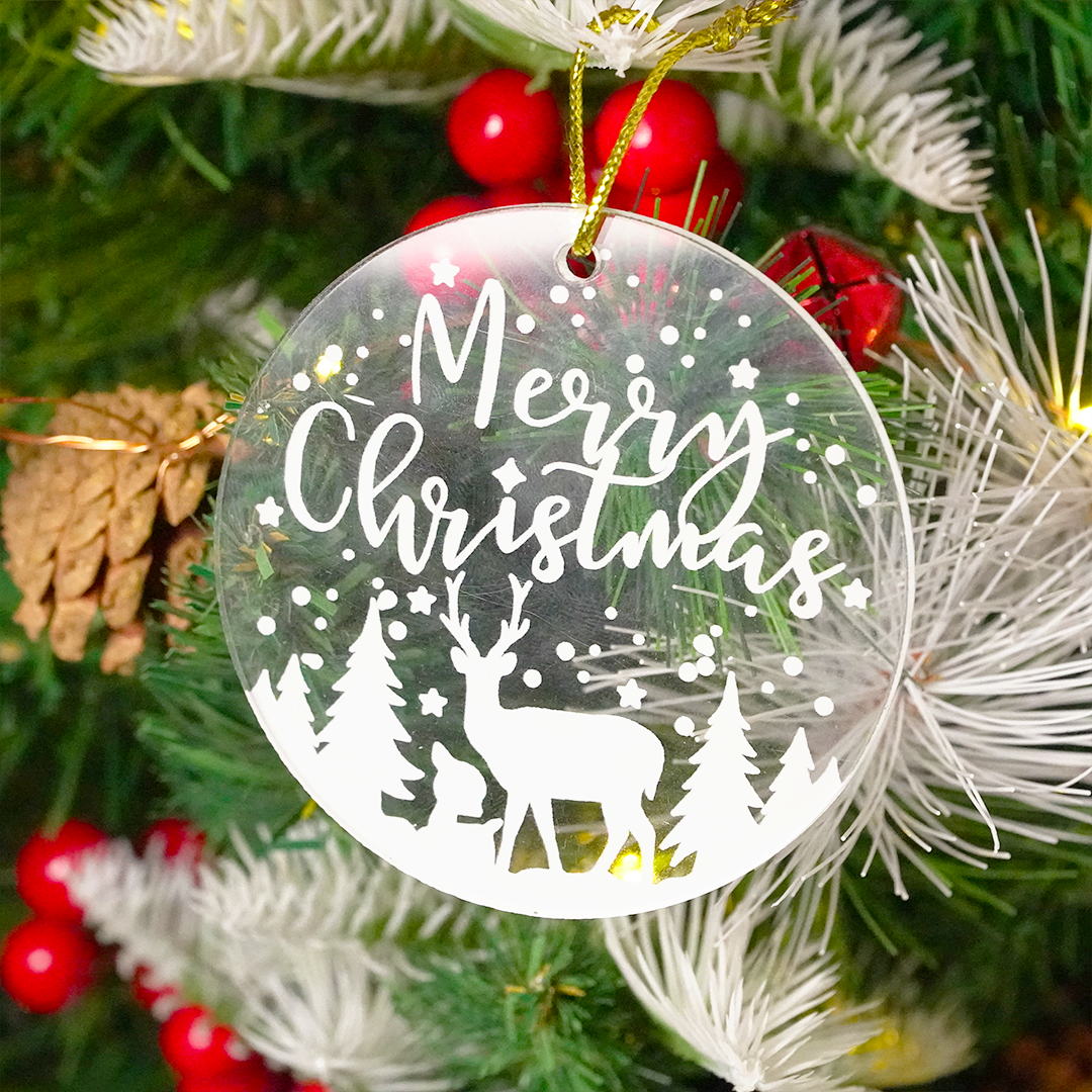 Set of 2 –Merry Christmas Reindeer Scene Acrylic Ornament – Premium Hanging Decoration (8cm) - Memories InsiteMERRY CHRISTMAS REINDEER SCENE ACRYLIC ORNAMENT SET OF-2